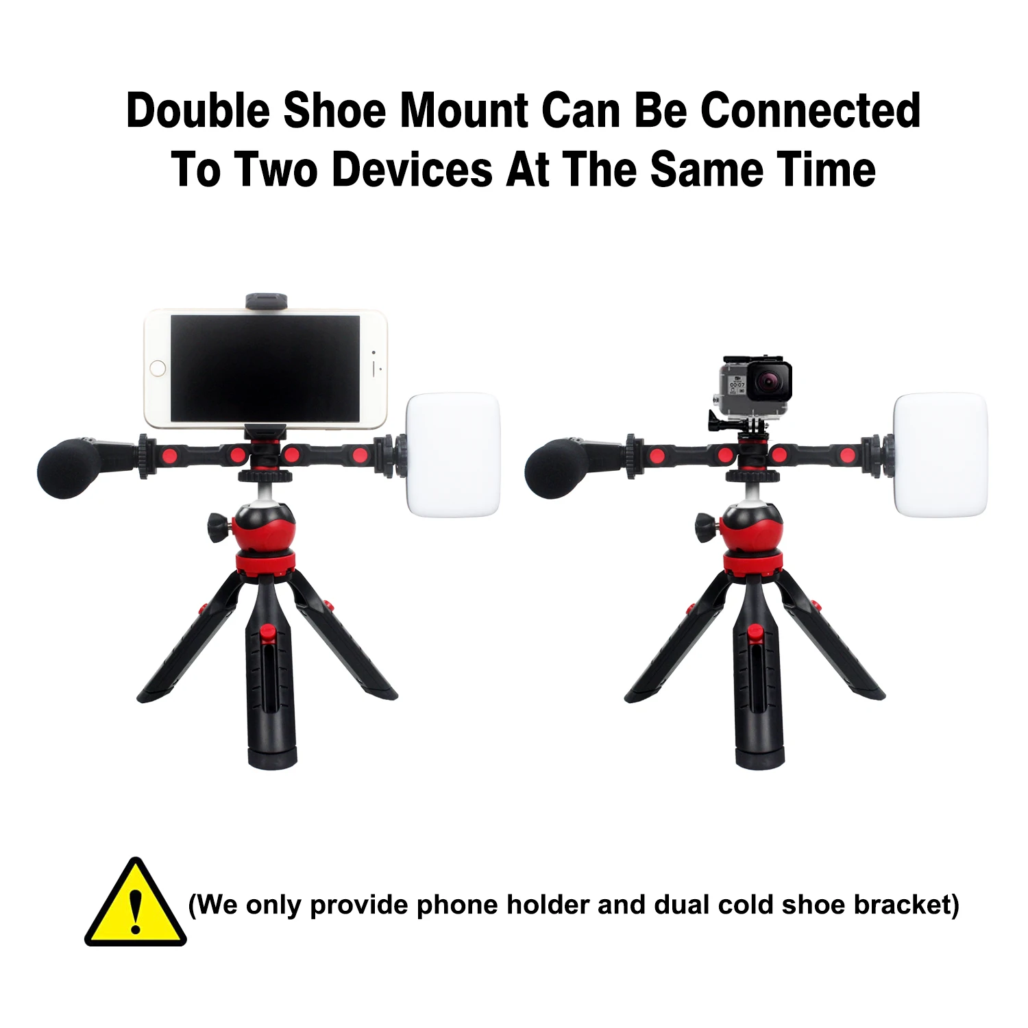 回転式コールドシューマウントアダプター,電話クリップ付きデュアルコールドシューズ延長バーブラケット,カメラ用LEDライトマイク