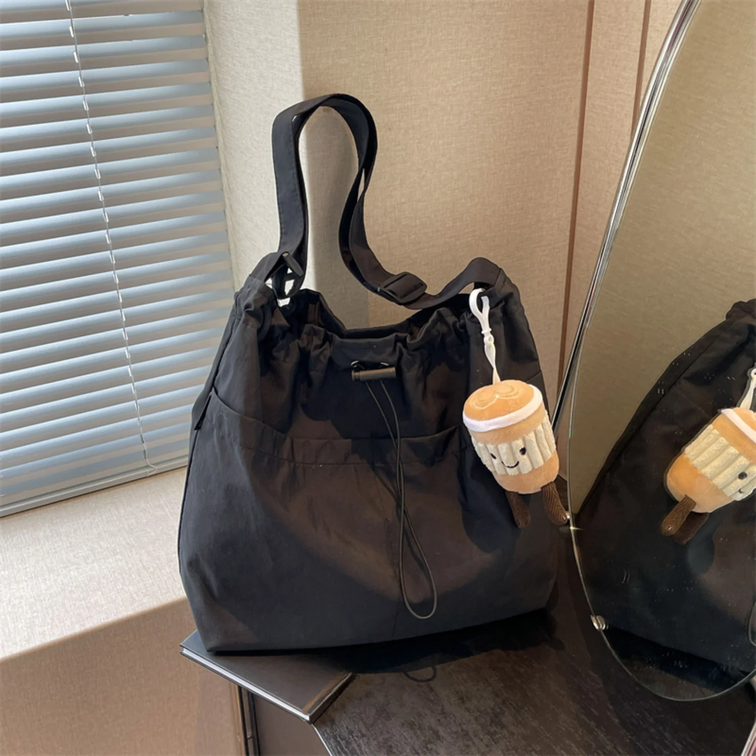 Large Capacity Nylon Tote Bag - Casual Drawstring Bucket Bag for Class and Commuting