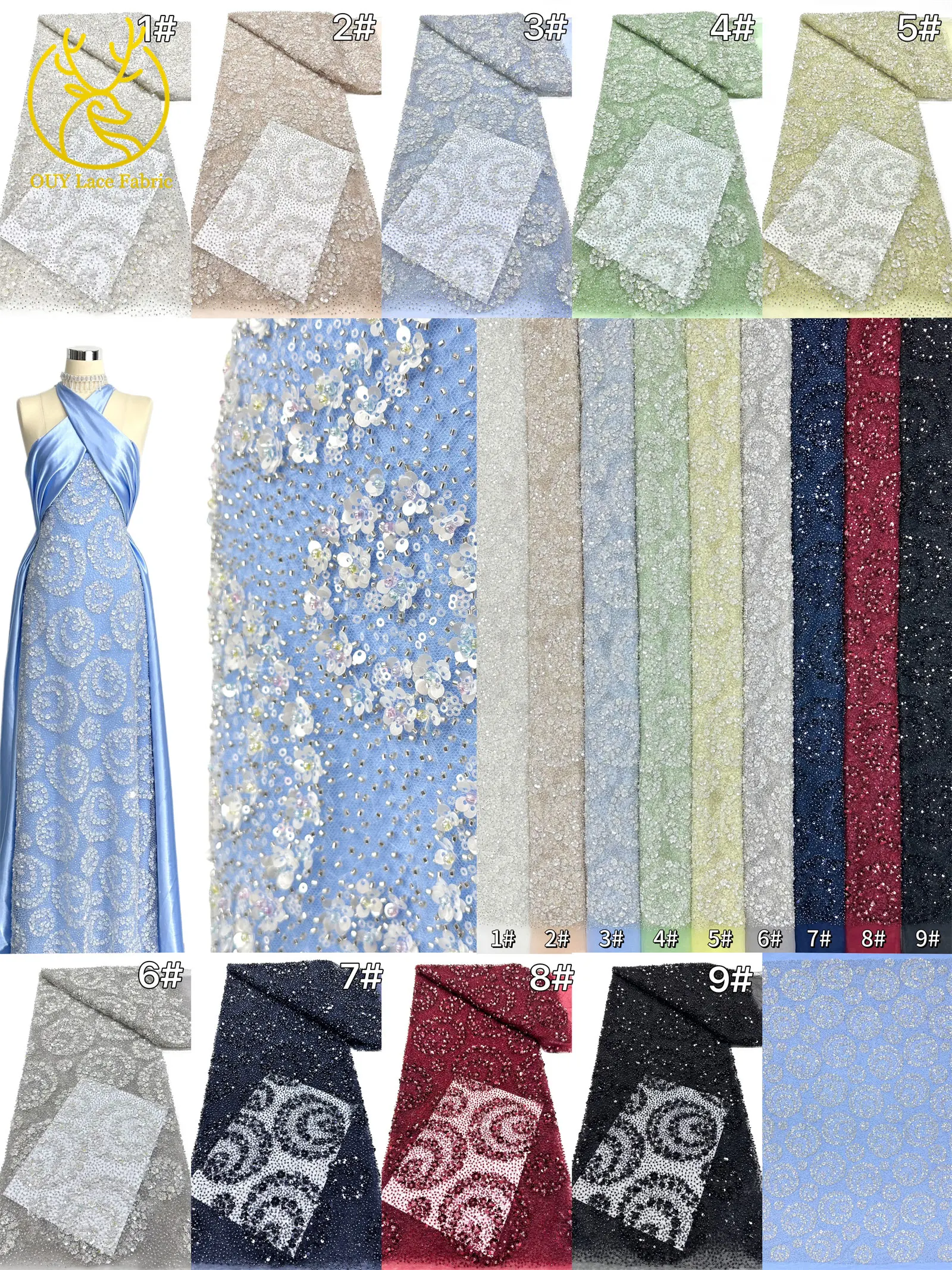 Exquisiter, eleganter nigerianischer bestickter Tüll-Spitzenstoff mit Perlen und Pailletten für Damen, zum Nähen von Ballkleidern. – Detail 4