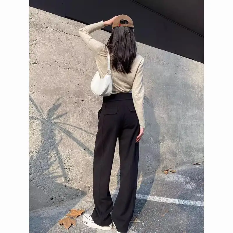 Coreano outono inverno novo engrossar banana foice pant feminino sólido bolsos com zíper cintura alta moda reta calças de perna larga