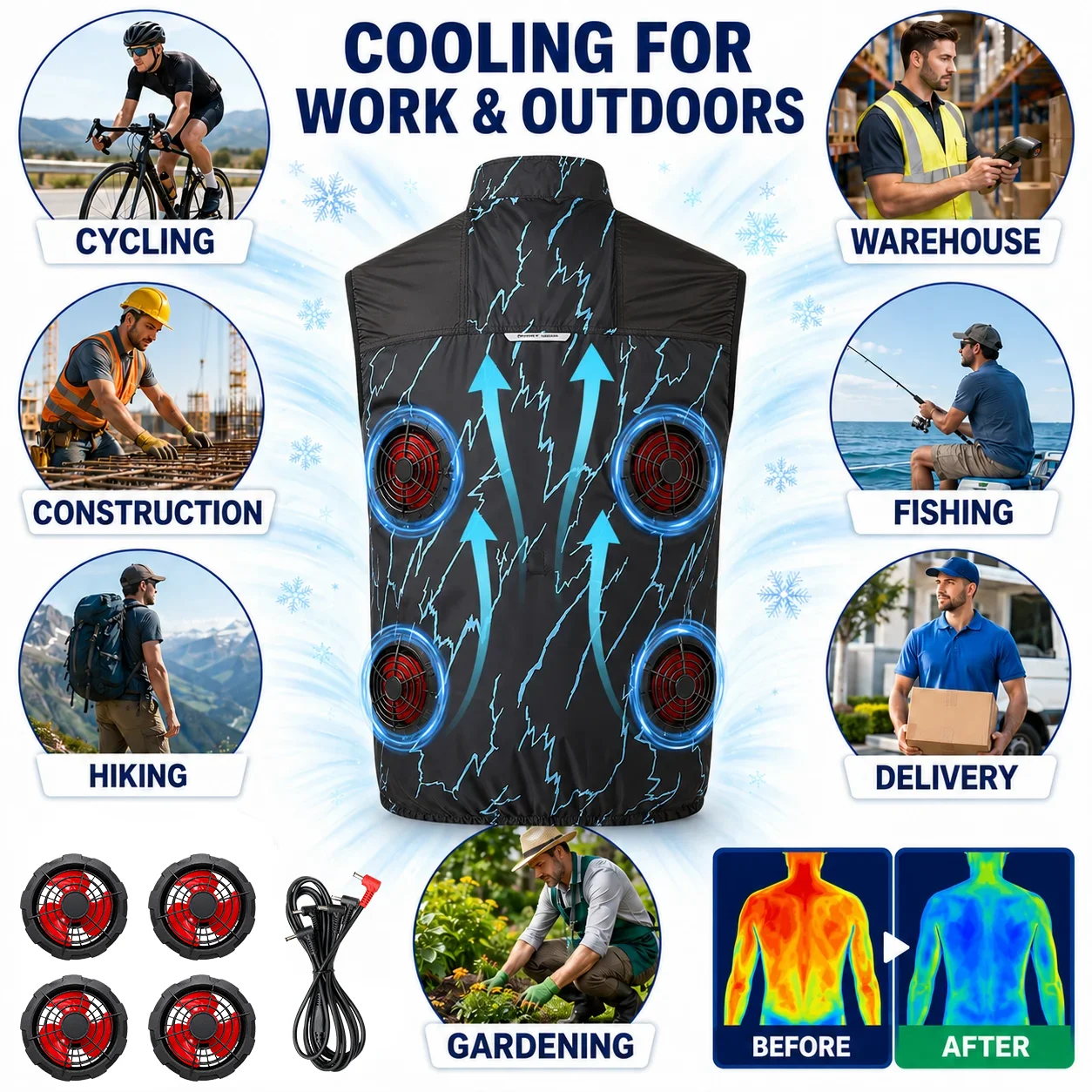 Men’s 4-Fan Cooling Fishing Vest with DC Barrel Plug Summer Air-Cooling Workwear for Fishing Hiking and Outdoor Activities