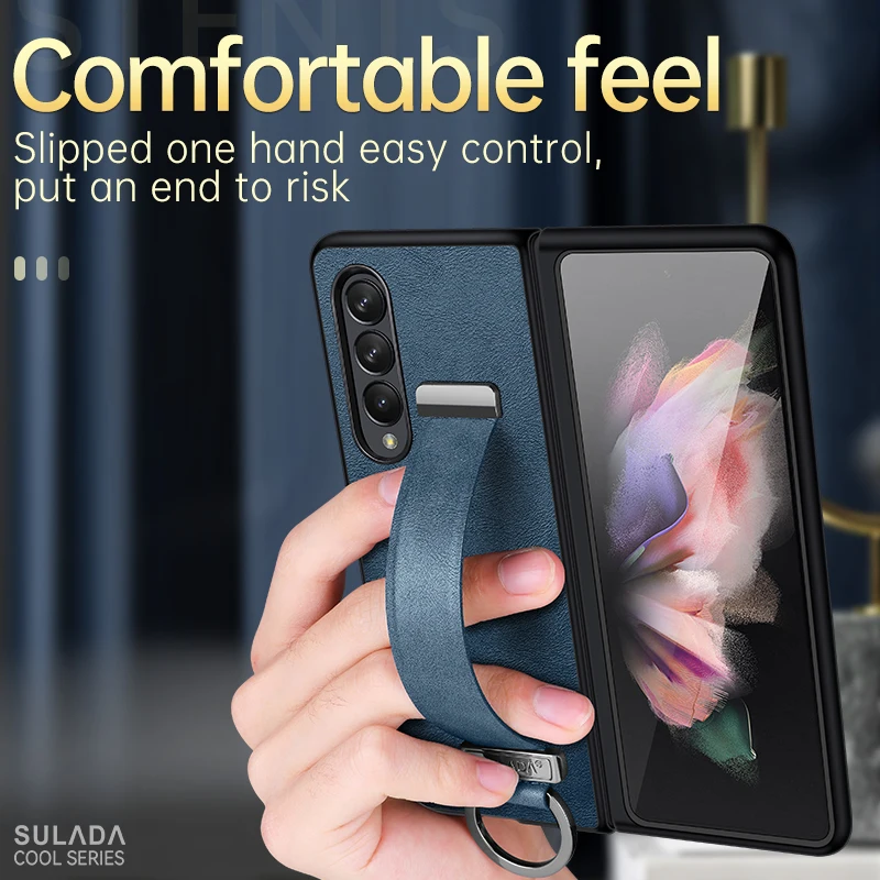 Surada For Samsung Galaxy Z Fold 6 5 4 3 2 Case Luxury Leather Cover with Portable Wristband Hand Strap Kickstand Metal Ring