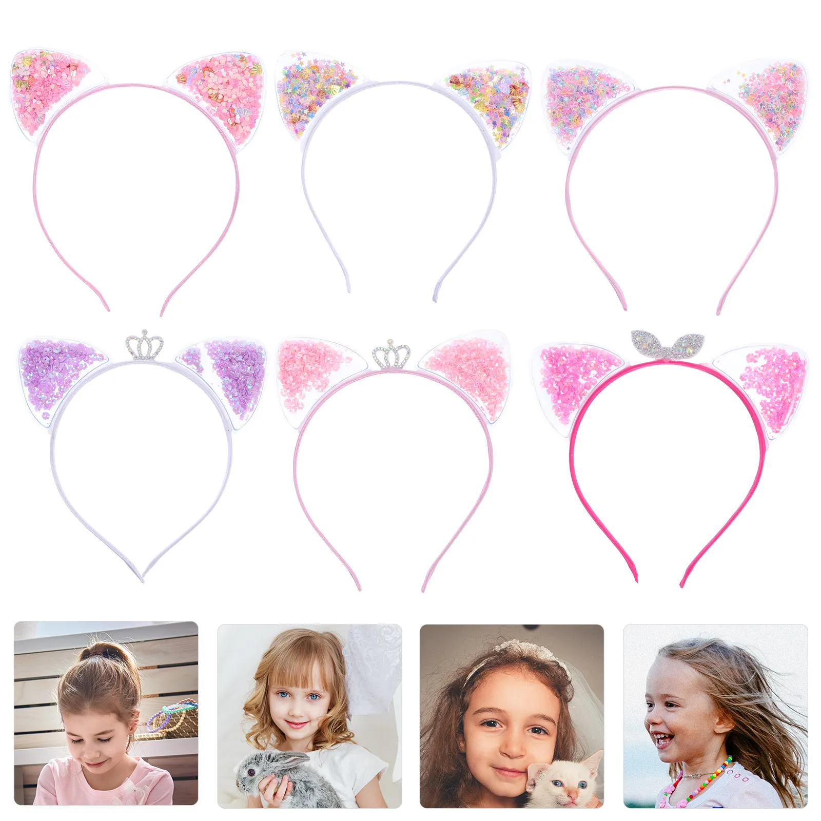 

6Pcs Cat Ear Hair Bands Girls Headband Party Decoration Soft Comfortable Quicksand Glitter Hair Hoop Children Cosplay