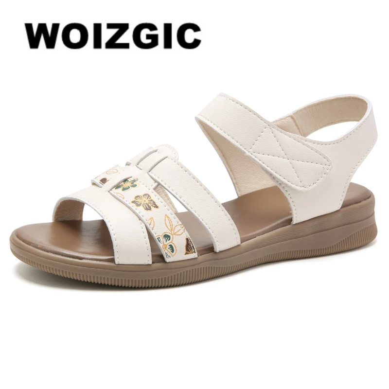 WOIZGIC Damen-Sandalen aus echtem Rindsleder, sommerlich, kühl, mit Blumenmuster, Ethno-Stil, Plateau-Sandalen