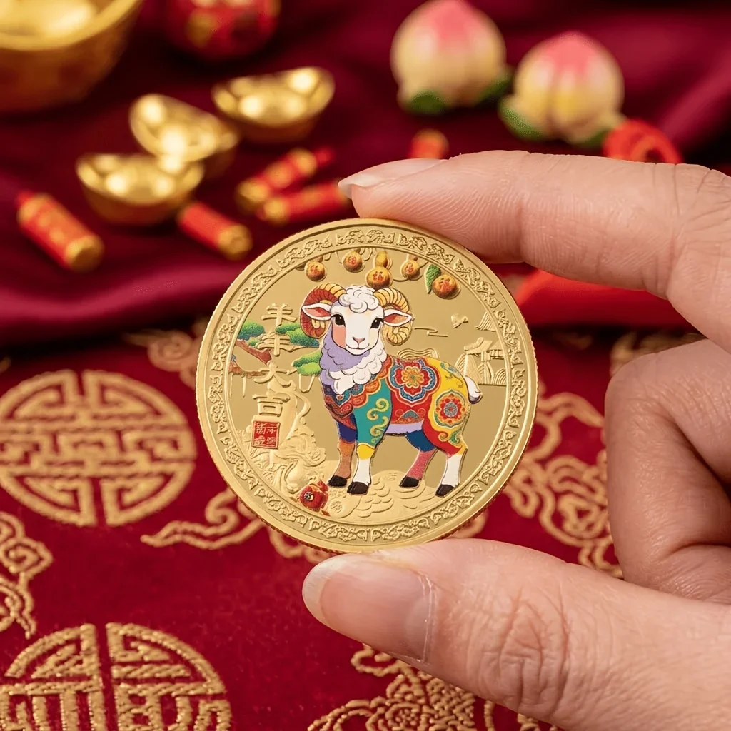 10Pcs Year of The Ram Challenge Coin, Chinese Zodiac Sheep Souvenir Coin, Colorful Painted Golden-Plated Coin, New Year Gift