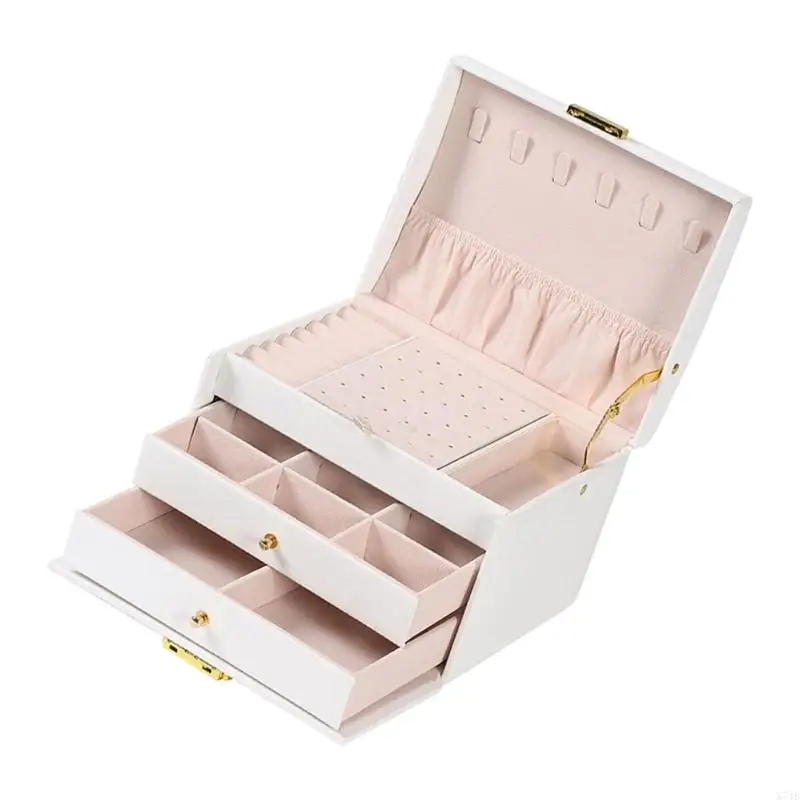 Three-Level Jewelry Storage Box with Leather-Like Exterior, Two Drawers and Dedicated Ring, Earring and Necklace Areas