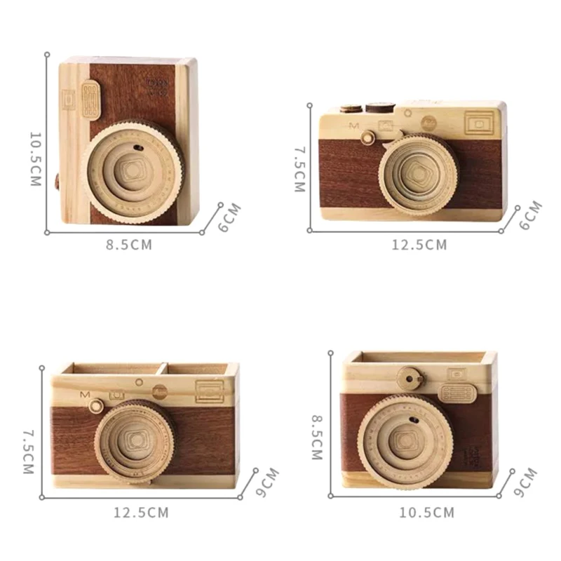 Wooden Retro Camera Pen Holder Handmade Wooden Ornaments Holiday Student Graduation Commemorative Gift