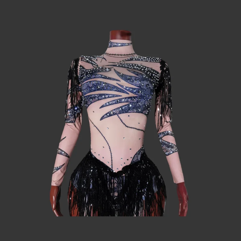 

Sexy Black Tassel Mesh Bodysuit Sequins Design Dancer Performance Birthday Party Dance Costume Stage Wear Nightclub Drag Queen