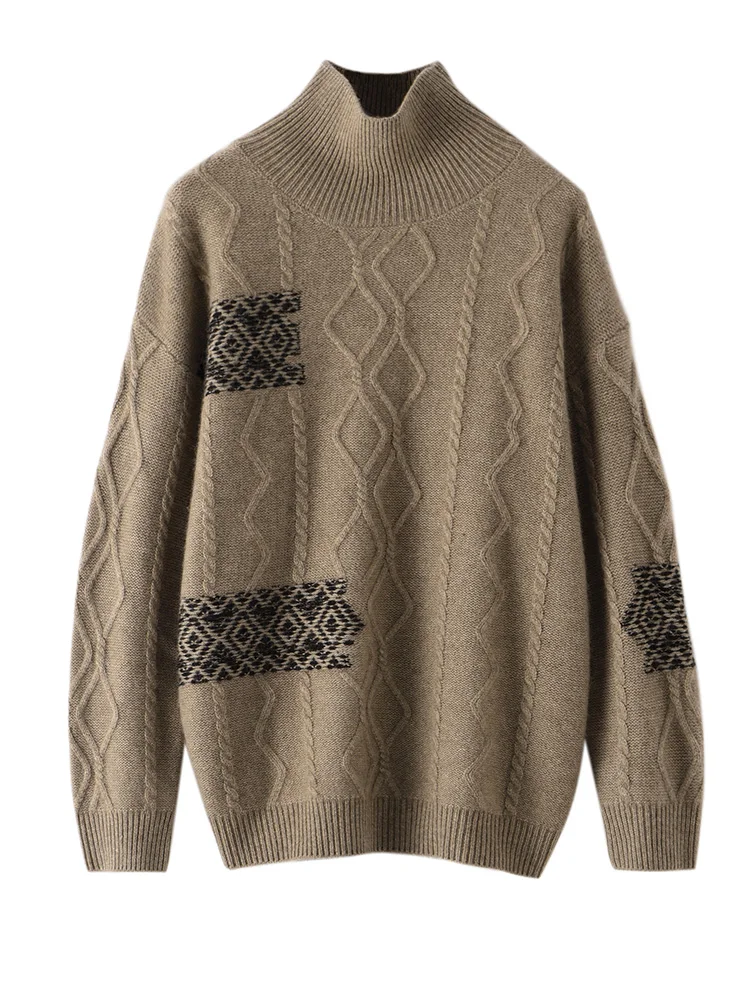 

Women 100% Cashmere Turtleneck Sweater Argyle Cable Knit Pullover Autumn Winter Thick Soft Cashmere Knitwear Vintage Luxury Tops