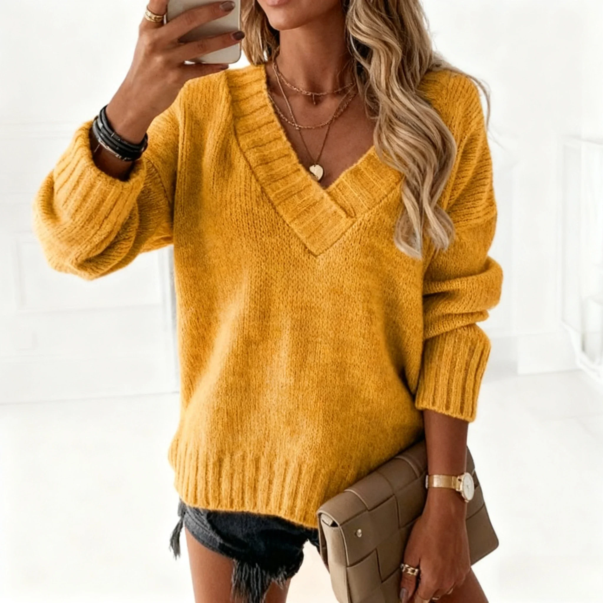 

New Autumn/Winter Women's Fashion V-neck Women's Cozy Pullover Long-sleeved Sweater Casual Knitwear Solid Color Street Style Top