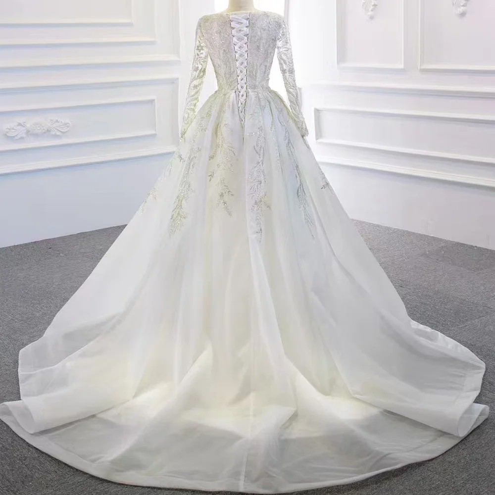 Train détachable col rond élégant à lacets dos manches longues robe de mariée broderie paillettes Abiti Da Sposa