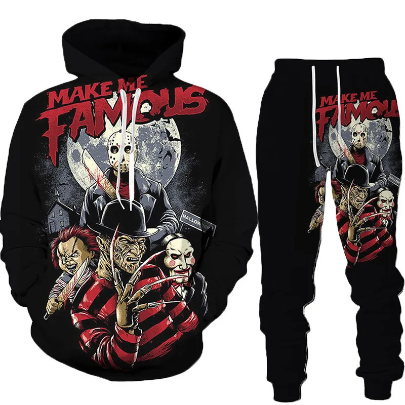 Conjunto de moletom com capuz masculino horror 3d impresso rua hoodies conjunto casual adulto duas peças moletom terno masculino feminino universal novo terno