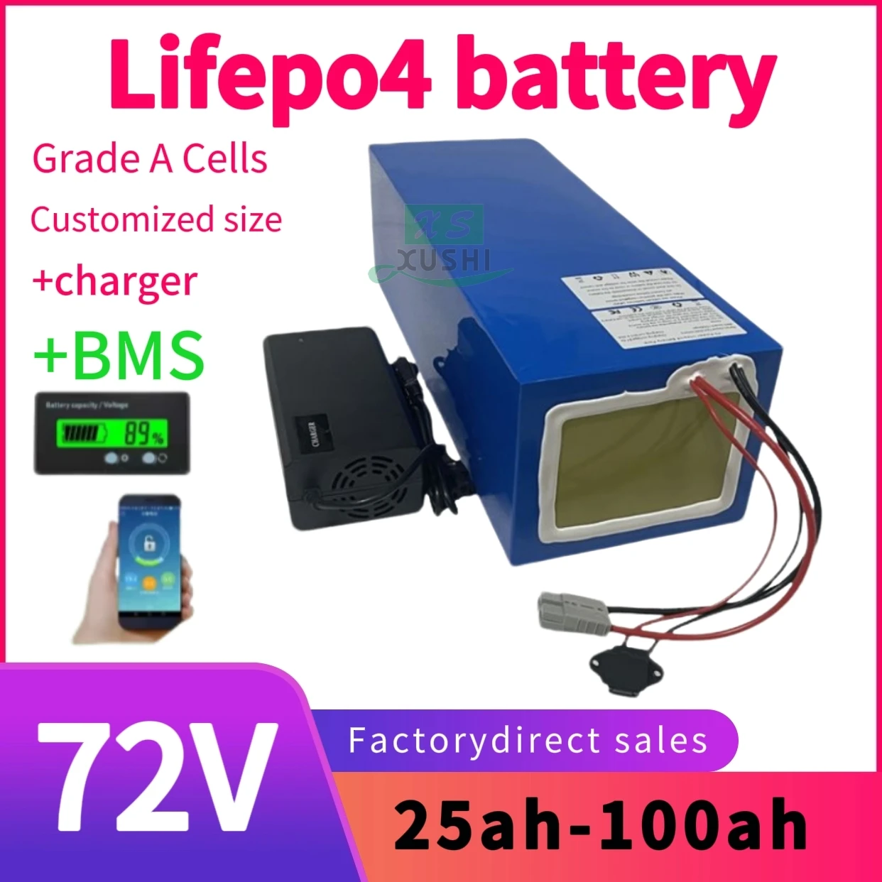 

72V Batterie au lithium LiFePO4 avec chargeur, , 50Ah, 60Ah, 40Ah, 100Ah, 80Ah, BMS pour scooter, vélo électrique, moto, 3000W