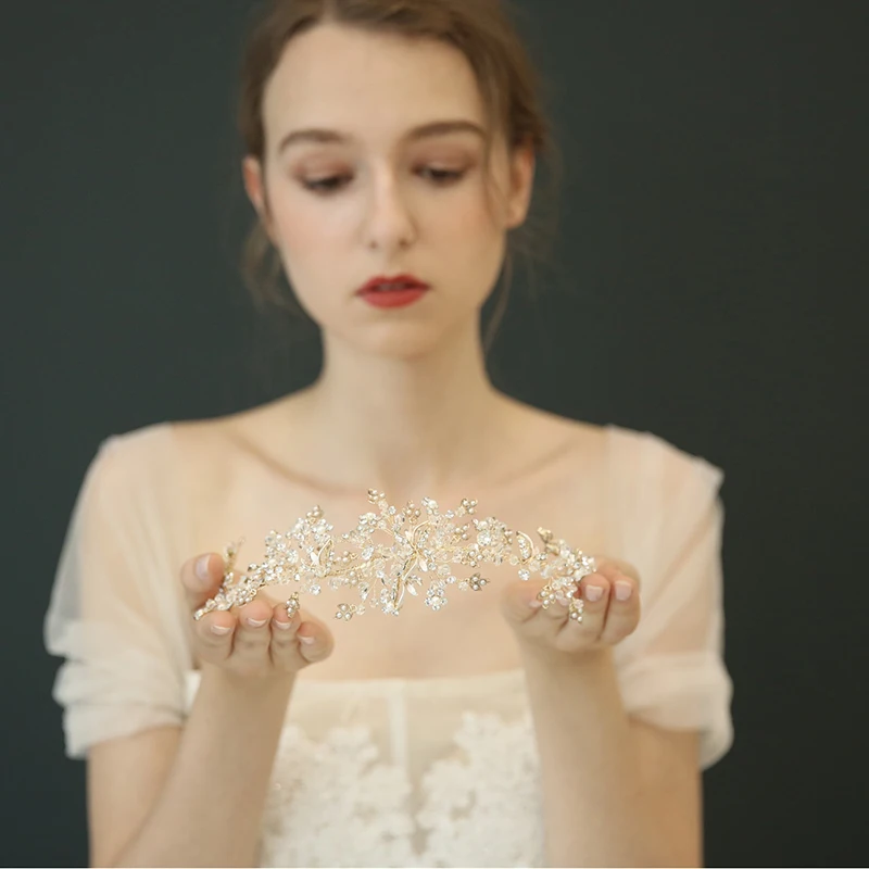 

Gold Color Floral Wedding Tiara Crystal Leaf Bridal Hair Crown Headband Handmade Women Hair Accessories Brides Jewelry