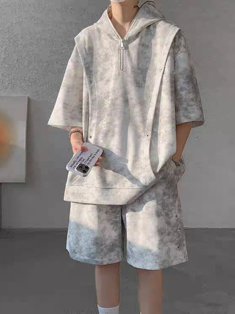 Men's Short Sleeve Shorts Two Piece Set 2025 Summer New Tie Dye Color Block Set Versatile Plus Size Half Zip Two Piece Outfit