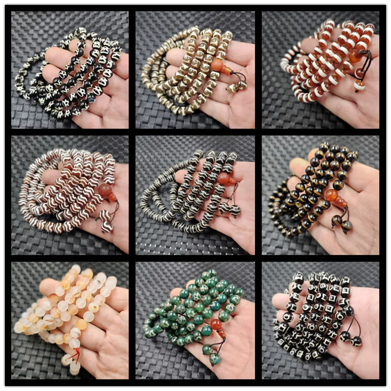 

Agate 108 Three- Tiger Tooth Pumpkin Nine-Eyed Ripple Dzi Beads Multi-Circle Bracelet
