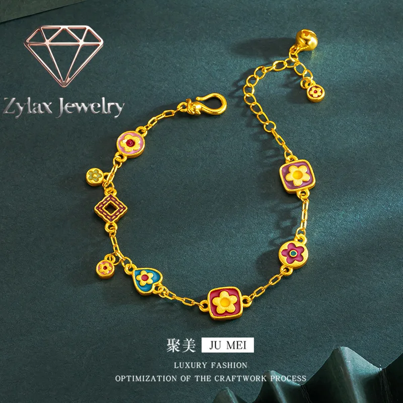 

Zylax Jewelry Luxury 24K 9999 Pure Gold real gold Women's Enamel Bean Flower suit Enamel Flower Bracelet