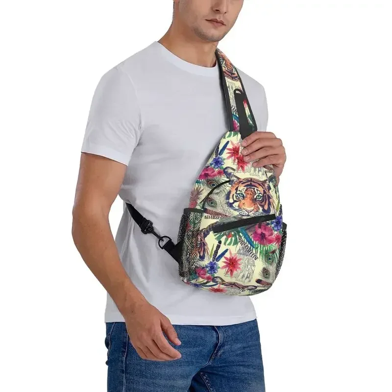 Fiori esotici personalizzati animali tropicali Tiger Sling Crossbody zaino uomo borsa a tracolla petto per ciclismo campeggio Daypack