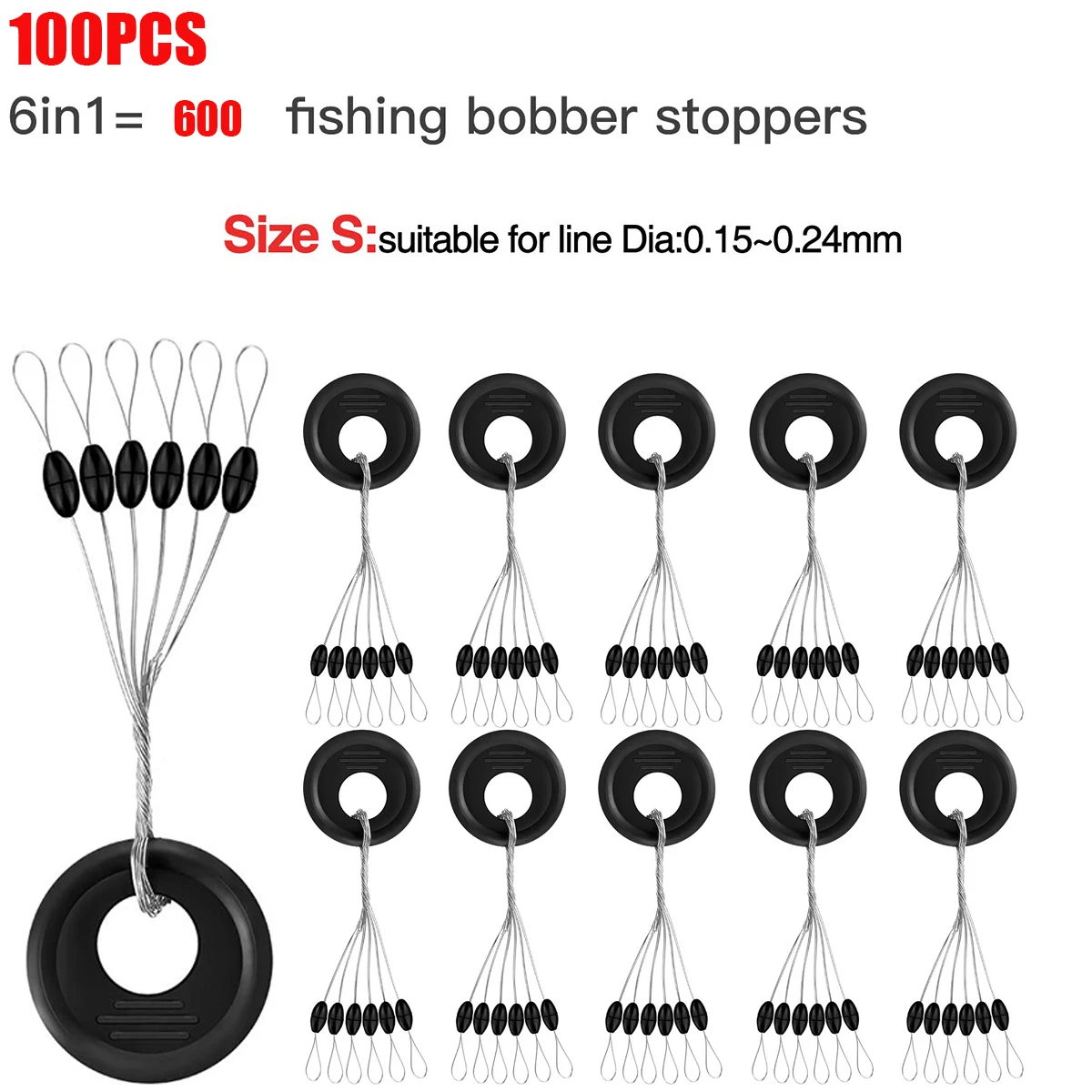 Angel-Bobber-Stopper aus Gummi, 6-in-1-Schwimmer-Sinker-Stopps, schwarzer ovaler Zylinder, L M S-Schwimmer-Stopp verfügbar