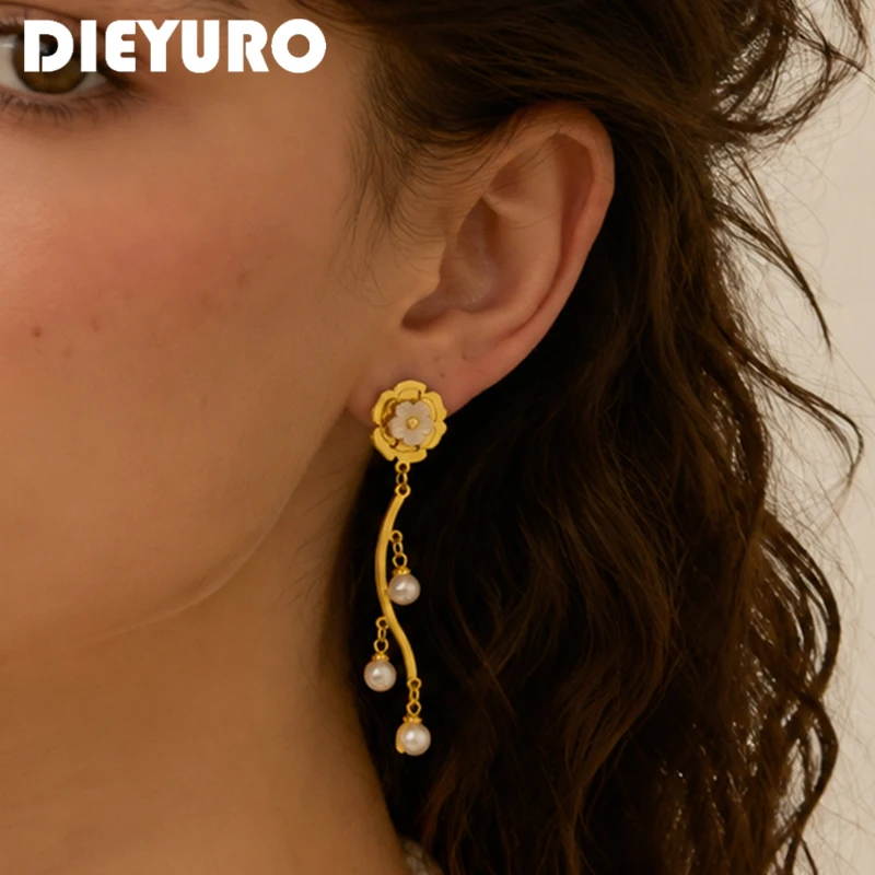 DIEYURO Golden Stainless Steel Shell Flower Curved Simulated Pearl Drop Earrings Lady Elegant Waterproof Wedding Jewelry Gift