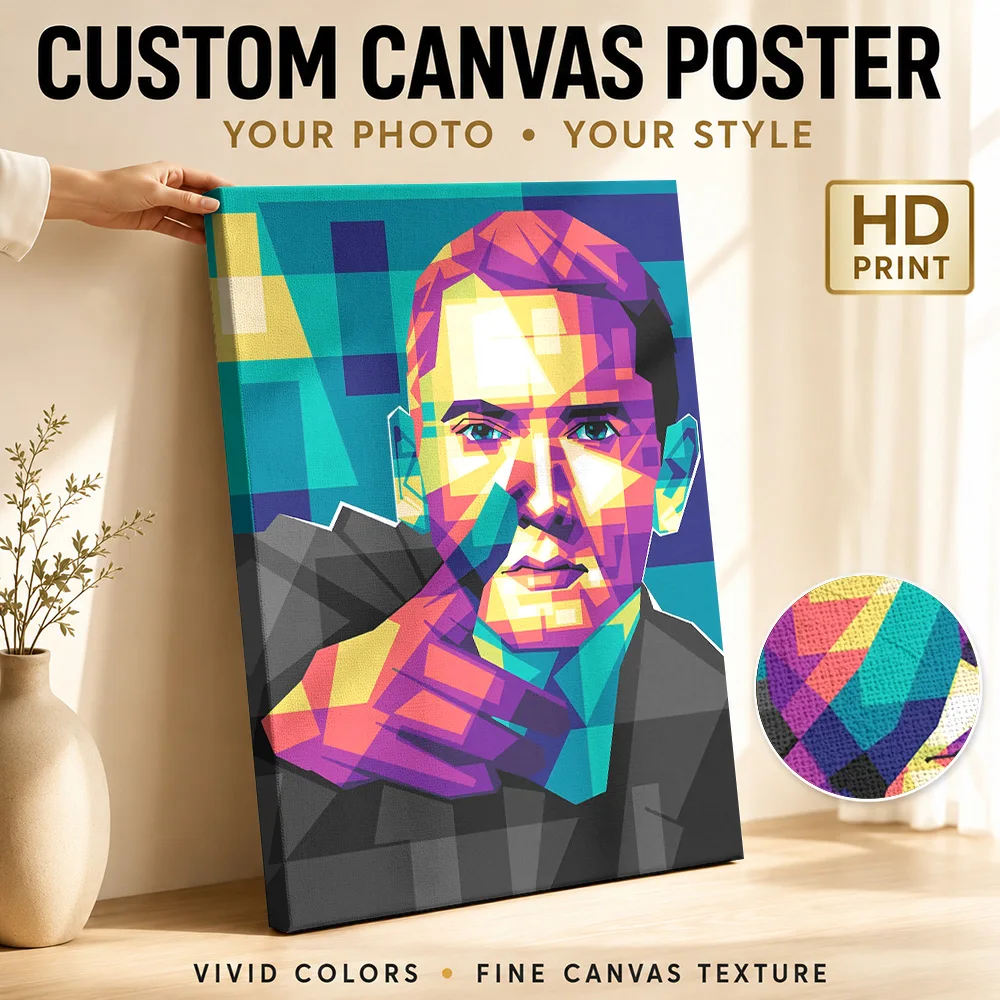Rapper In Jacket Portrait Framed Canvas Poster Customized Photo Colorful Polygon Shapes Wall Art For Home Studio Birthday Gift