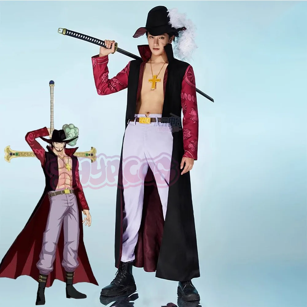 Anime Dracule Mihawk Cosplay Costume Cloak Trench Coat Pants Uniform With Hat Necklace Belt Halloween Carnival Party Clothe Prop