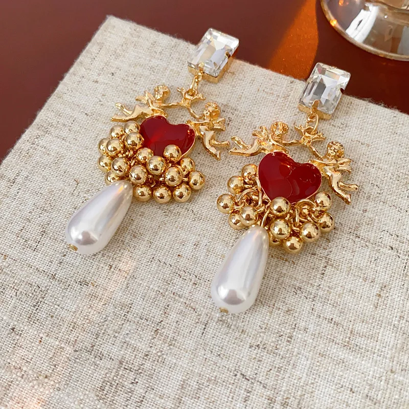 Vintage Silver Needle Drop Oil Love Earrings for Women Vintage Light Luxury Beads Tassel Drop Earring Luxury Designer Jewelry