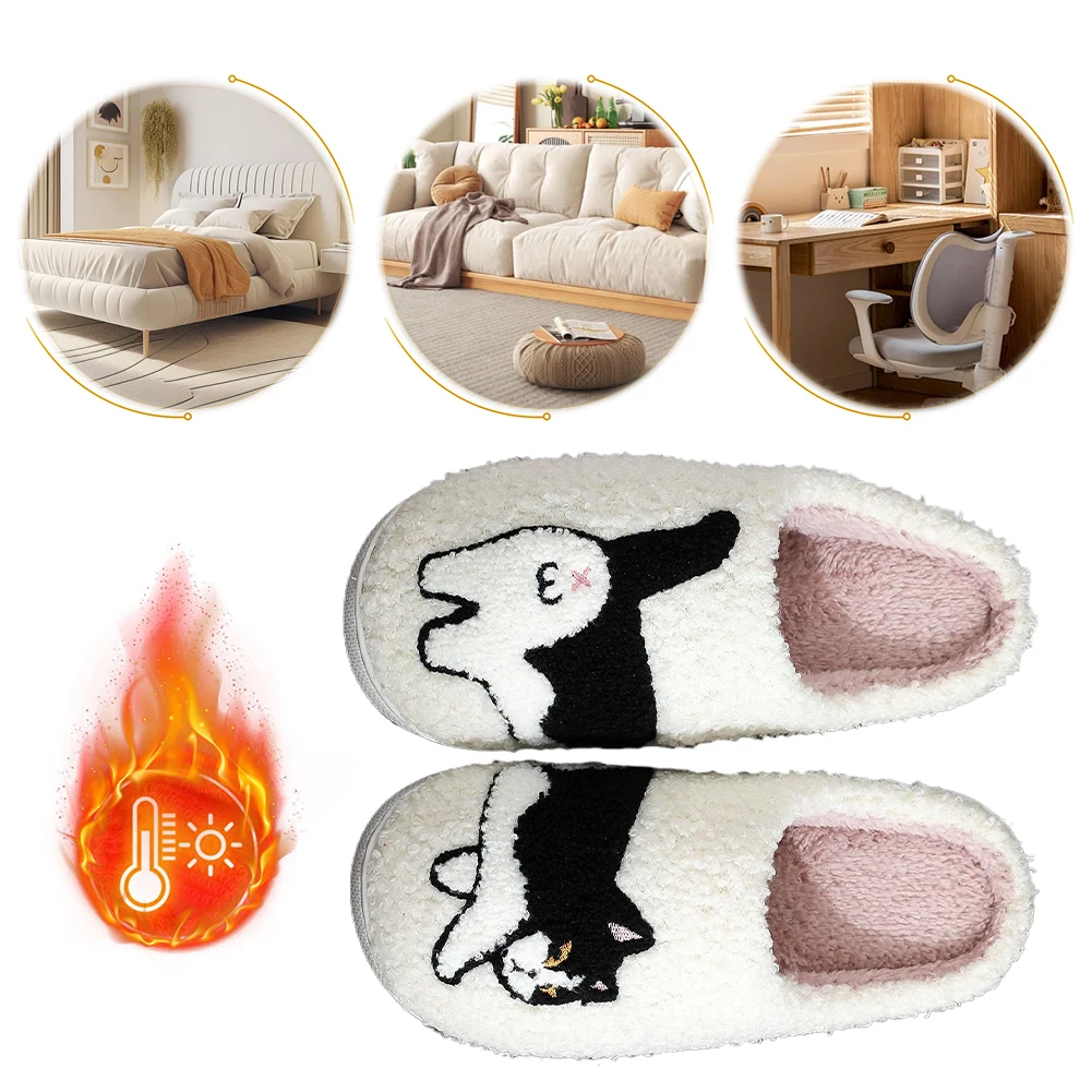 Plush Cow Cat Slippers Cute House Slippers Non-Slip Kawaii Furry Slippers Comfortable Warm Couple Slippers for Autumn Winter