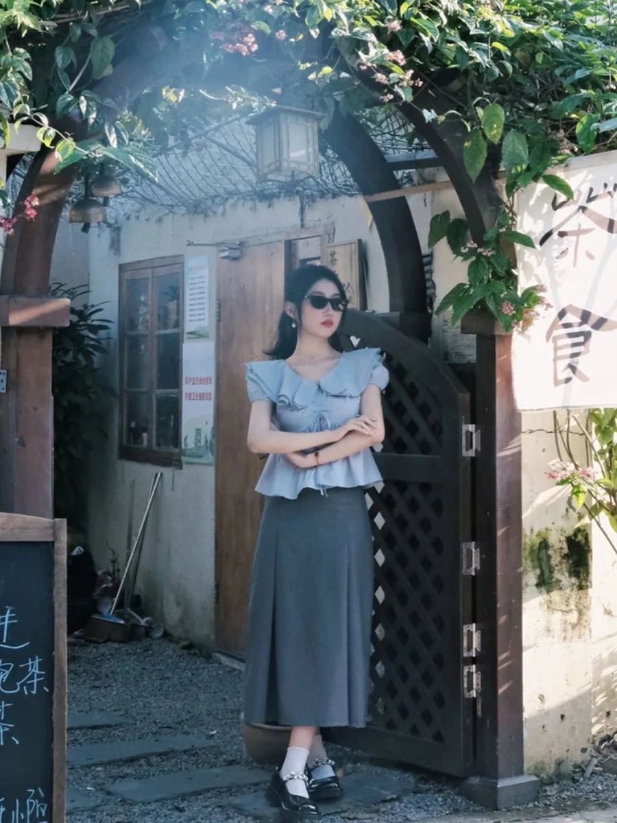 Coréen Sle Anti-âge Faion col à volants ort irt femmes été Design Dstring cravate taille haut décontracté Sle