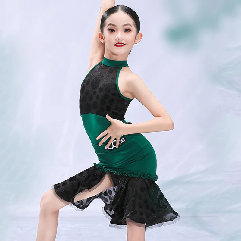 2022 Girls Latin Dance Dress Summer Latin Dance Wear Green Lace Latin Competition Dress Cha Cha Samba Practice Clothes BL8390