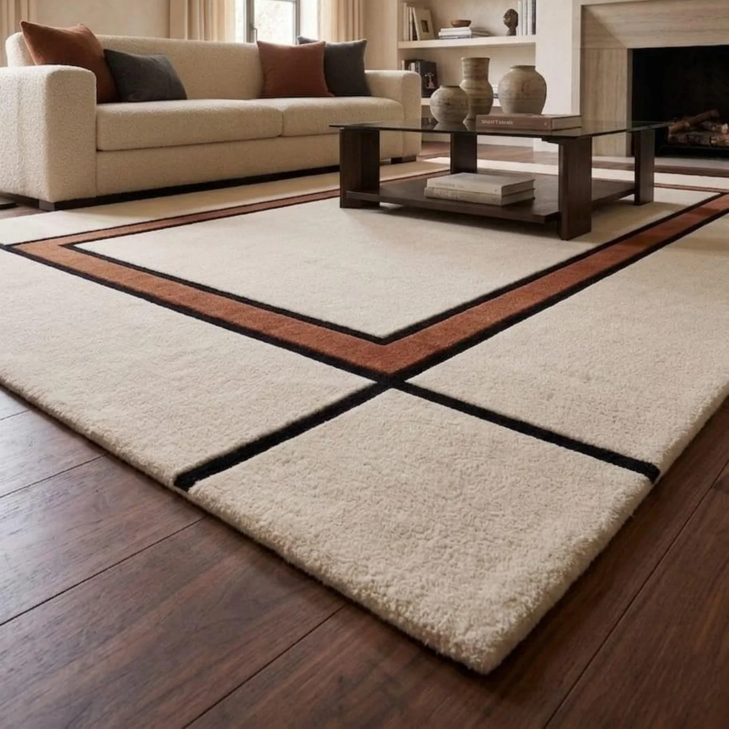 Room Decor Rug  Cream Bauhaus Geometric Area Rug, Minimalist Black Rust Border H1and Tufted Wool Carpet, Mid Century Modern DE1cor for Living Room Bedroom