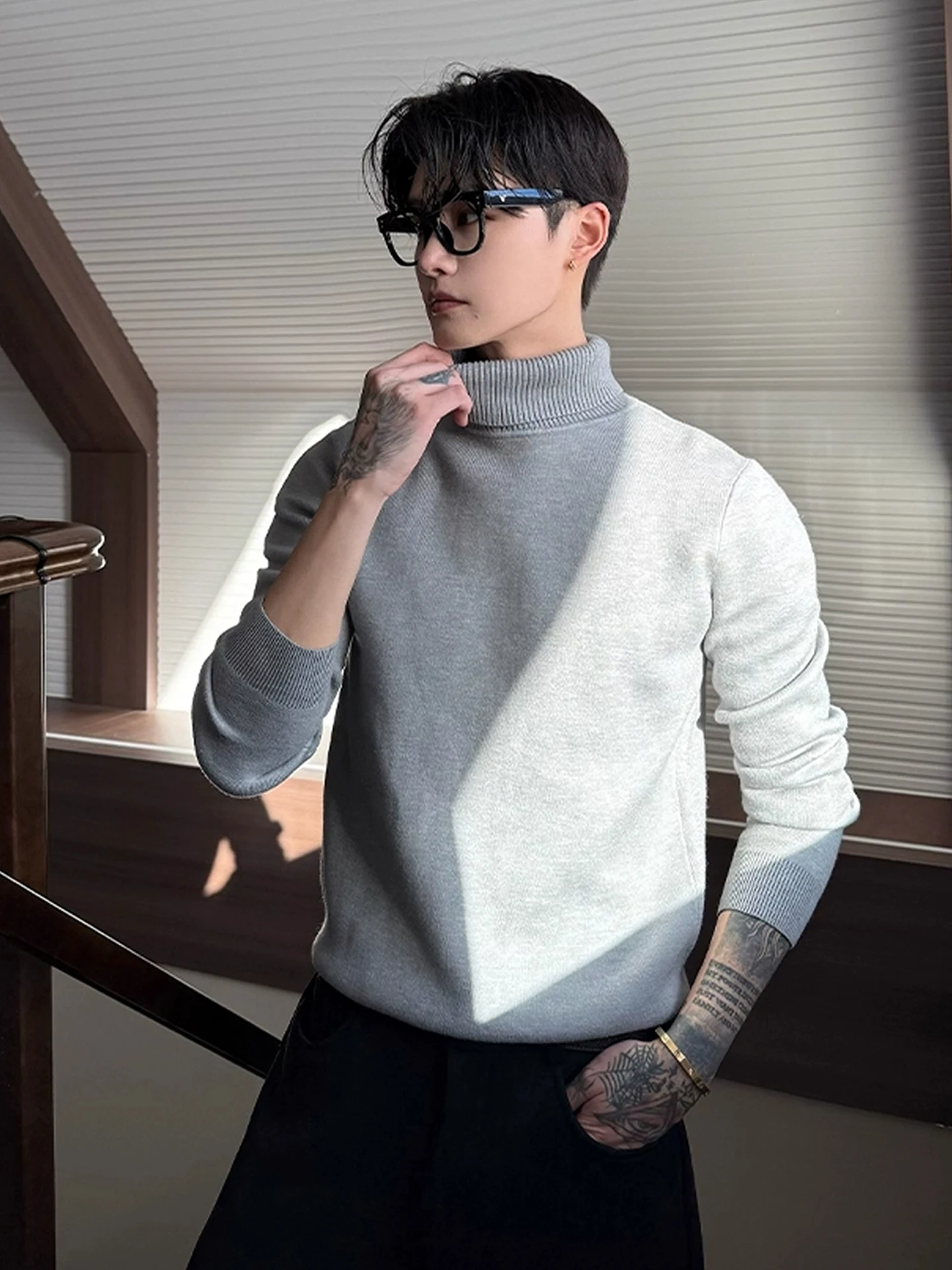 

Men's Thiened Fce Lined High Collar Knitwear ey American Sle Winter Inner Wear Base irt Casual Knitted Sweater