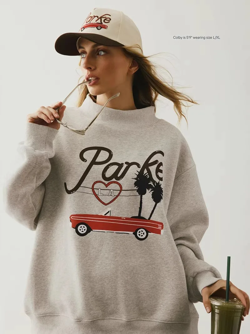 Spring 2026 Women's High Collar Letter Print Loose Fit Sweatshirt Stand Collar Long Sleeve Cotton Casual Streetwear