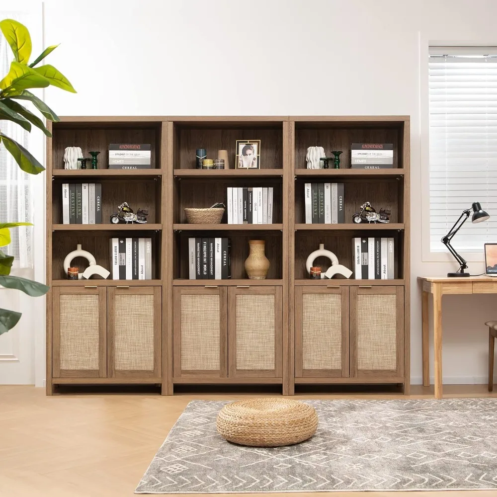 Estante 5 camadas estante rattan boho alta caixa de livro prateleira com portas armazenamento grande