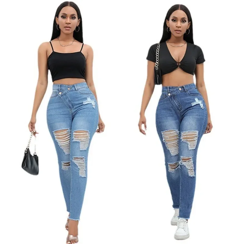 

Women Jeans Distressed Flash Washing Denim Spliced Pencil Pants Holes High Waist Sexy Sheath Zipper Fly Flat Ankle Length