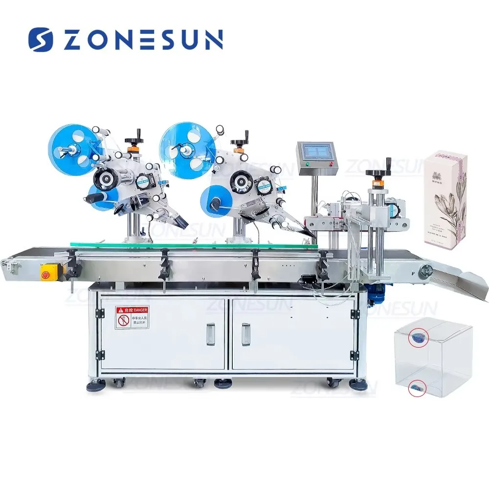 ZONESUN ZS-TB833S Automatic Carton Sealing Labeling Machine Double Size Folding Anti Tamper Adhesive Sticker Packing