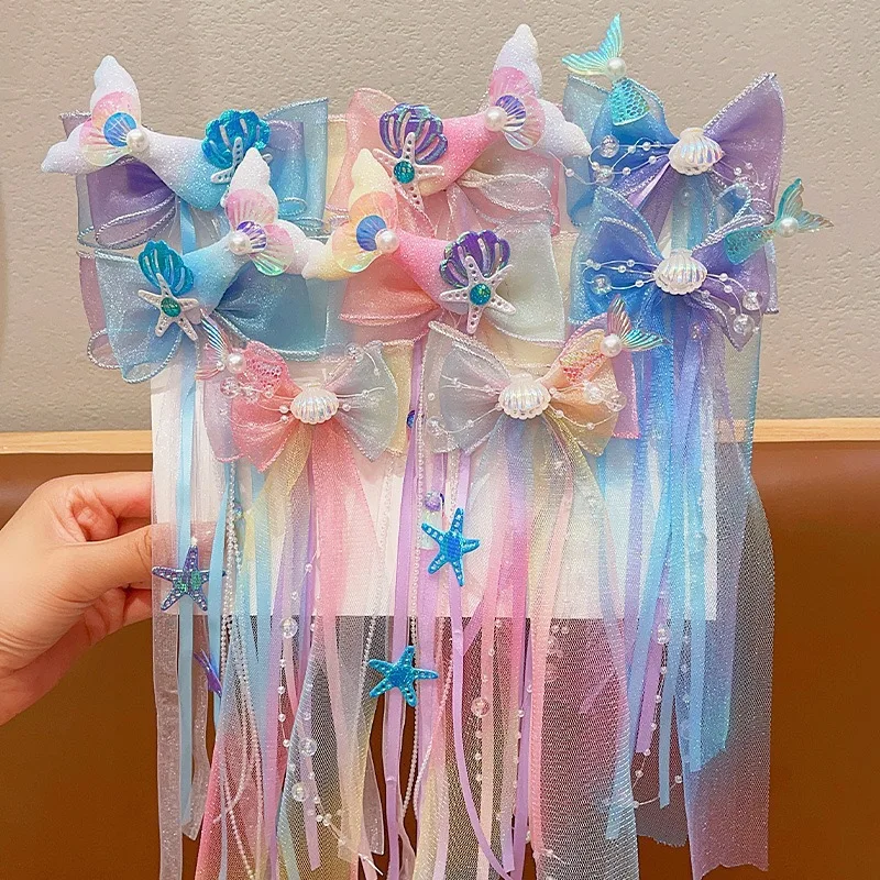 Baby Girls Mermaid Dress Up Hairpins Fishtail Shell Puprle Ribbon Headband Girl Bow Tie Braided Flower Hairpin Accessory HP01 view 2