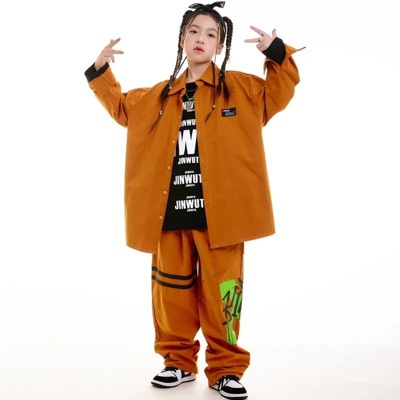 Hip Hop Dance Costume Kids Jazz Performance Clothes Loose Brown Suit Long Sleeves Coat Pants Girls Boys Street Dance Wear L13970