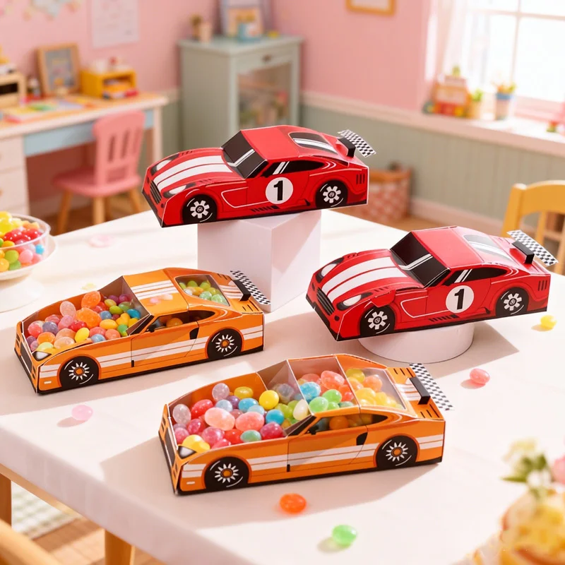 Caja en forma de coche de carreras, contenedores de papel para dulces y galletas, cajas de regalo para coche de carreras, decoración de fiesta temática de carreras de cumpleaños, 5/10 Uds.