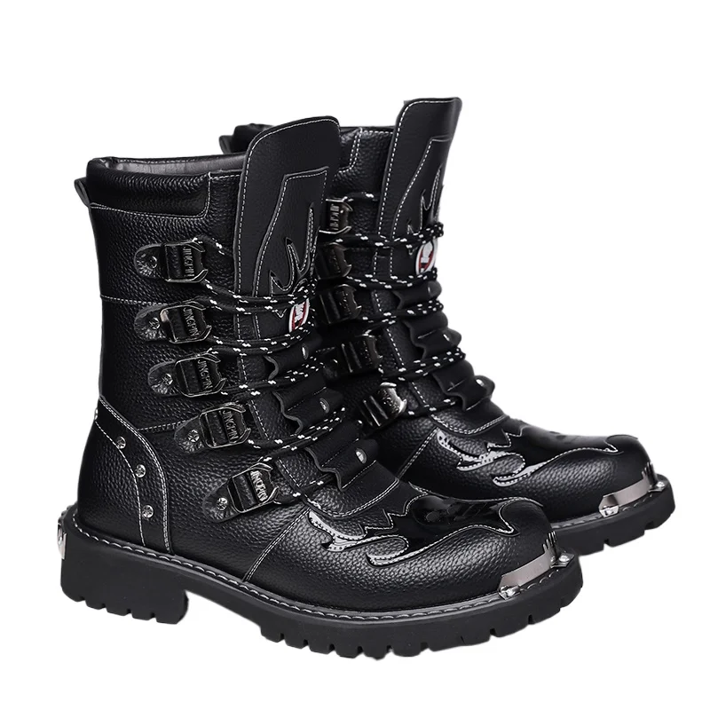 

Men's punk-style black leather boots - multi-button metal-decorated platform ankle boots, moccasins, work boots
