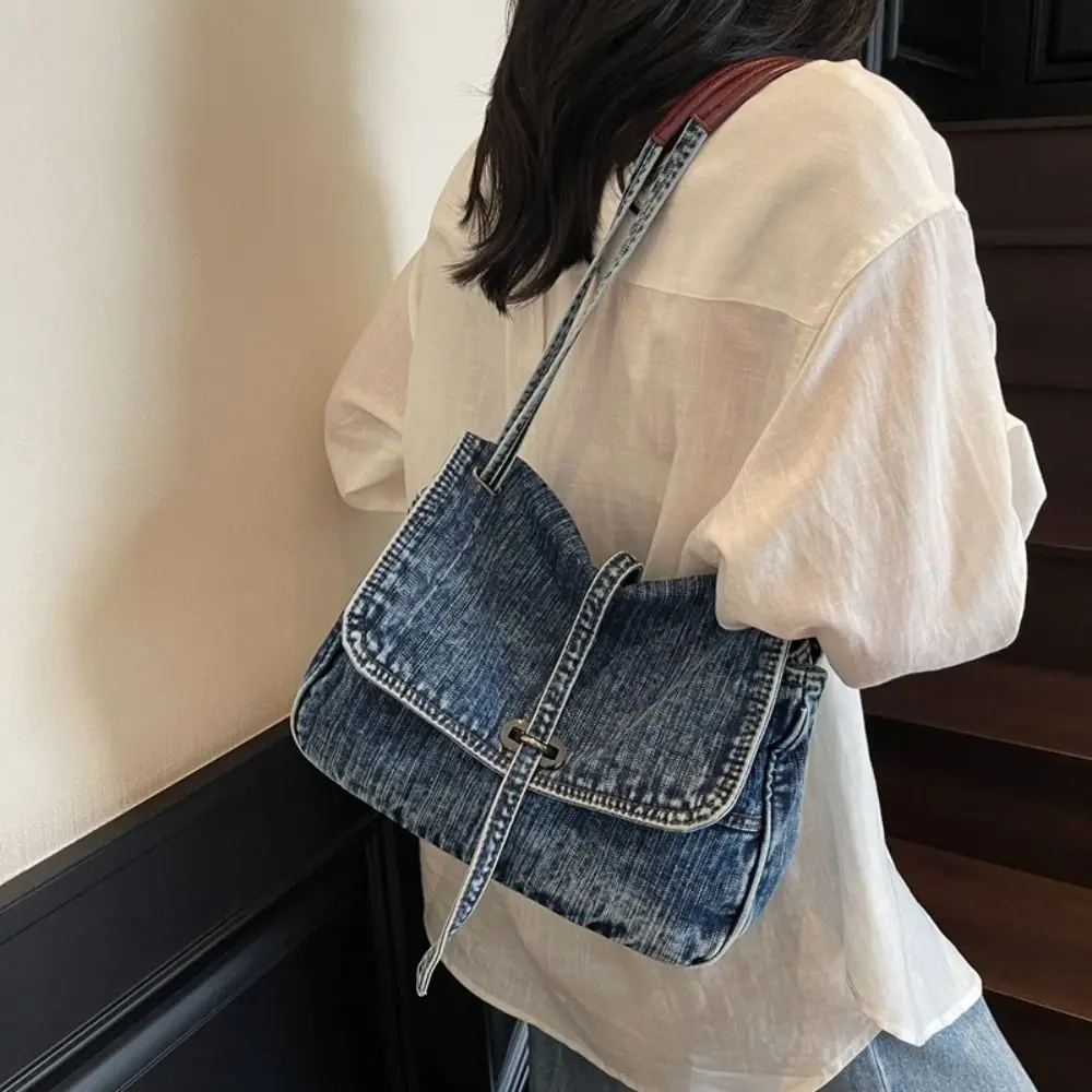 

Casual Retro Denim Cloth Bag Large Capacity Simple Canvas Shoulder Bag Solid Color Shopping Bag Vintage Handbag Girl