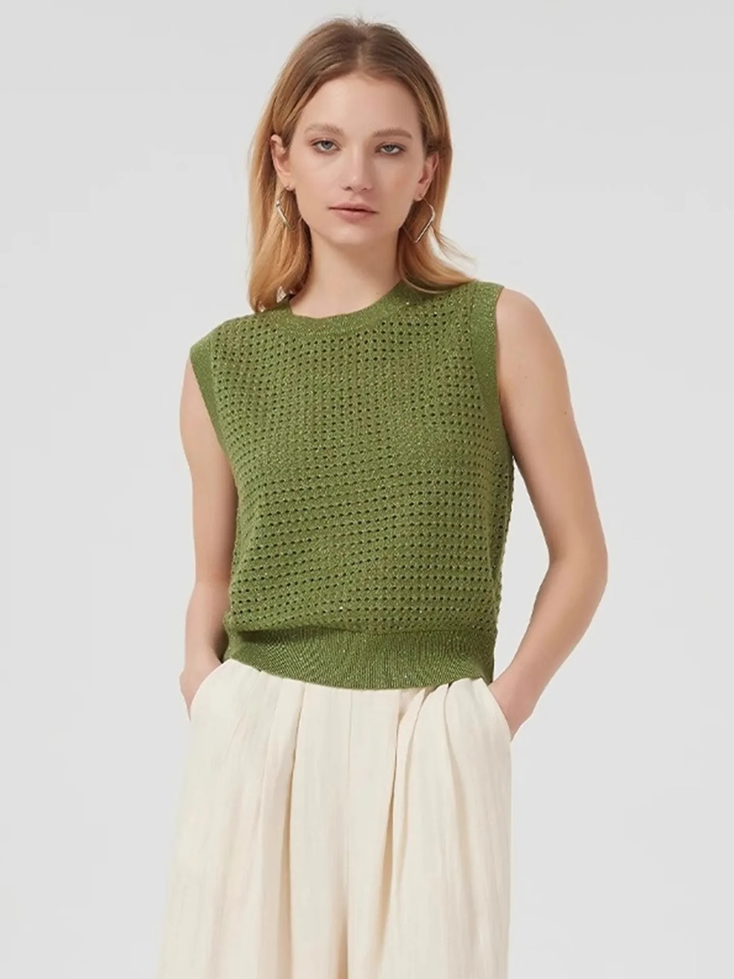 

Ele Hollow out Knitted round Ne Svel Top Women's Summer Pure Color Vest Korean Sle Commute Straight Cut