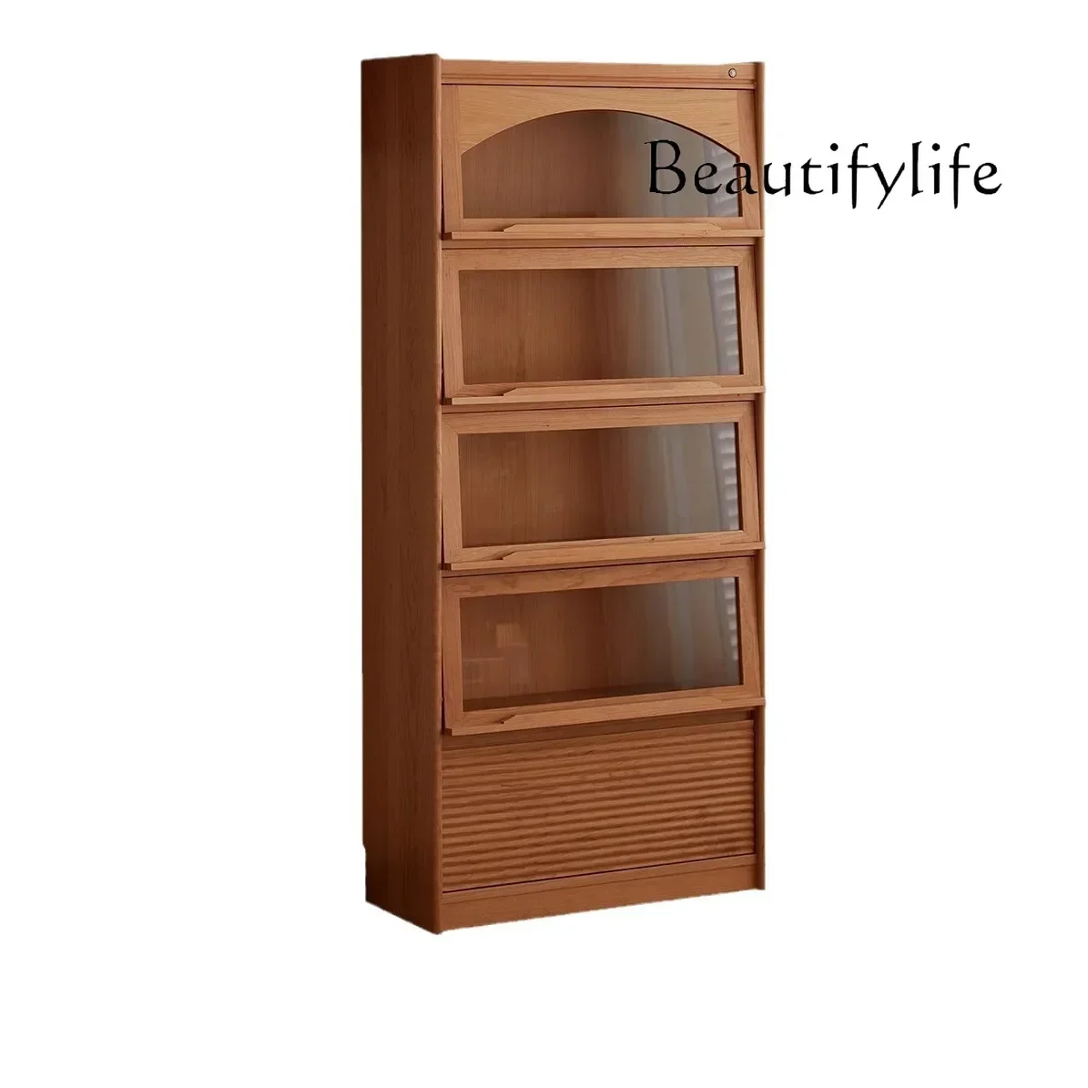 

yj9 Cherry wood solid wood bookcase floor-to-ceiling bookshelf Nordic glass display Japanese-style living room dining side cabi