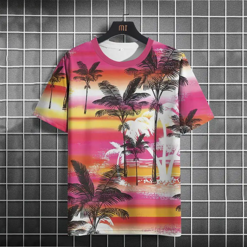 Hawaiian Beach T shirts For Men 3D Coconut Tree Print O-Neck Short Sleeve T-shirt Summer Oversized Pullover Men Y2k Top Clothing