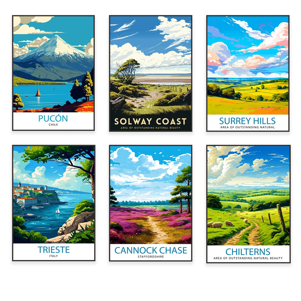 Travel posters for Pucon Chile, Loch Lomond, Solway Coast, Staffordshire Nature Reserve, Surrey Hills, Trieste, Scafell Pike