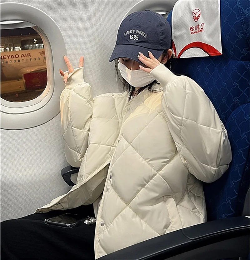 2025 Short Cotton-padded Jacket Female Down Cotton Coat Autumn Winter Women Light Thin Quilted Lattice Parkas Casual Tops Coats