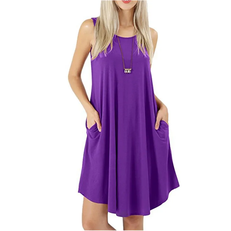 ผู้หญิงสีดําสีฟ้าฤดูร้อนสบายๆแขนกุดคอรอบคอยาว T เสื้อ Sundress Beach Tank กระเป๋าหลวมชุด