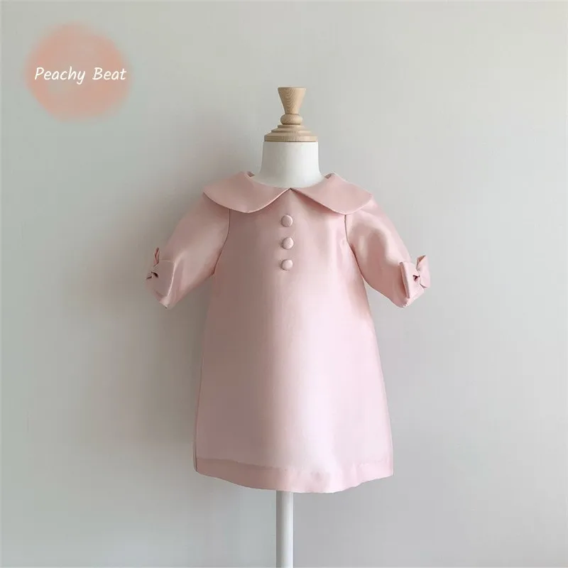 

Baby Girl Princess A-line Bow Dress Infant Toddler Teens Child Vintage Solid Button Vestido Birthday Party Baby Clothes 1-14Y