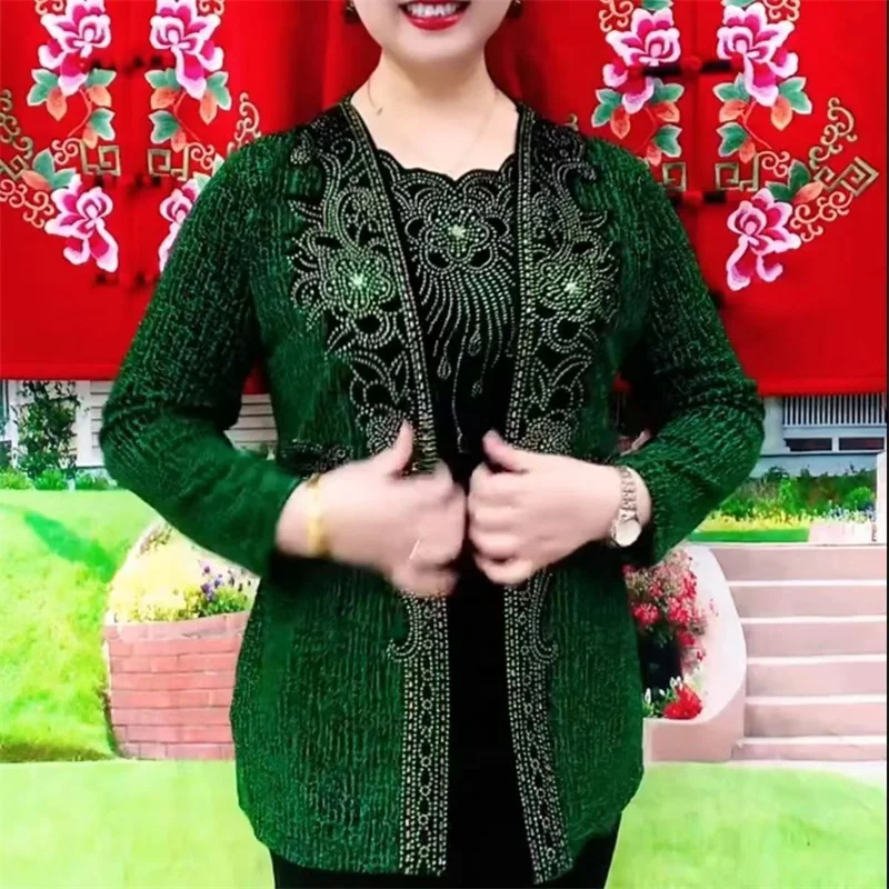 

Women Shirts High End Hot Diamond Tees Tops Spring Autumn New Mother's Fake Two piece T-shirts Large Size Embroidered O-Neck