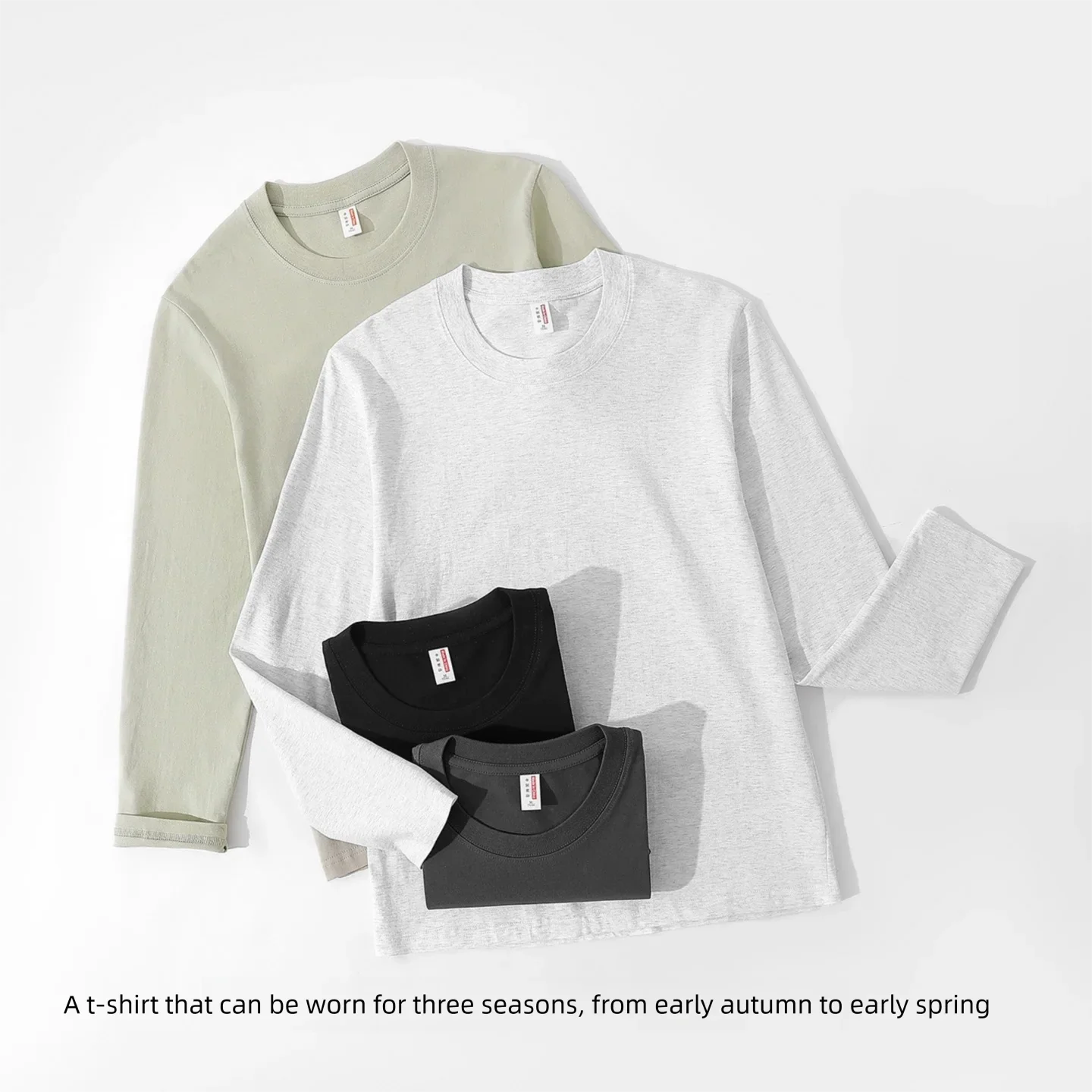 تي شيرت رجالي عصري بأكمام طويلة من القطن الخالص باللون الأسود لخريف جديد مع رقبة دائرية وطبقة أساسية #1